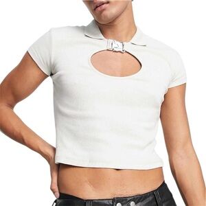 ASOS DESIGN muscle crop polo in beige with cut out buckle detail